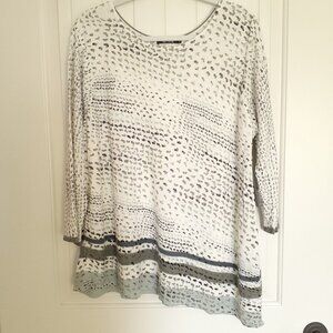 NWT Nic + Zoe Linen Blend Asymmetric Hem Abstract Dot Print White Gray Size 1X